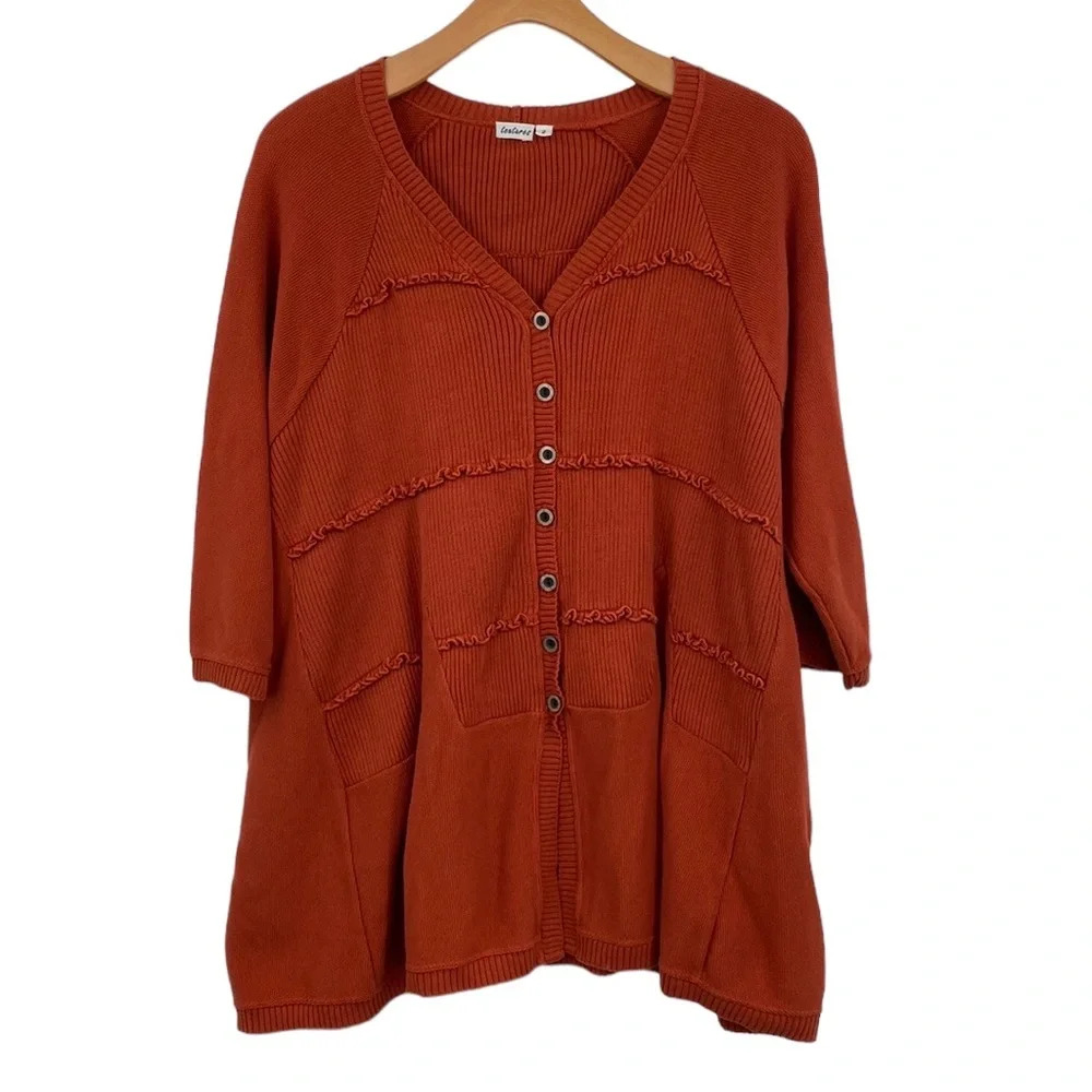textures Sweater Cardigan Womens Size 2 2X Orange‎ V-Neck Ribbed Lagenlook